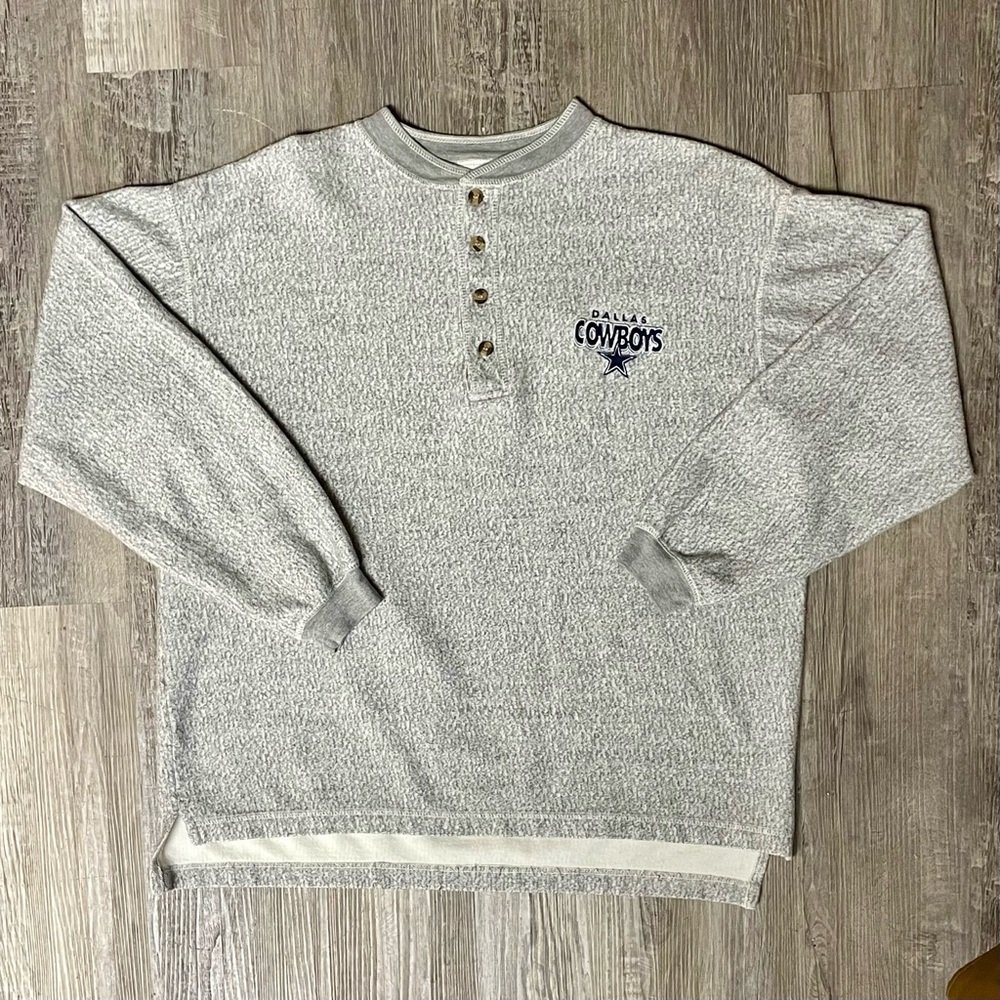 Vintage 1990s Dallas Cowboys NFL Football Embroidered Patch Grey Henley Sweater - Picture 1 of 11